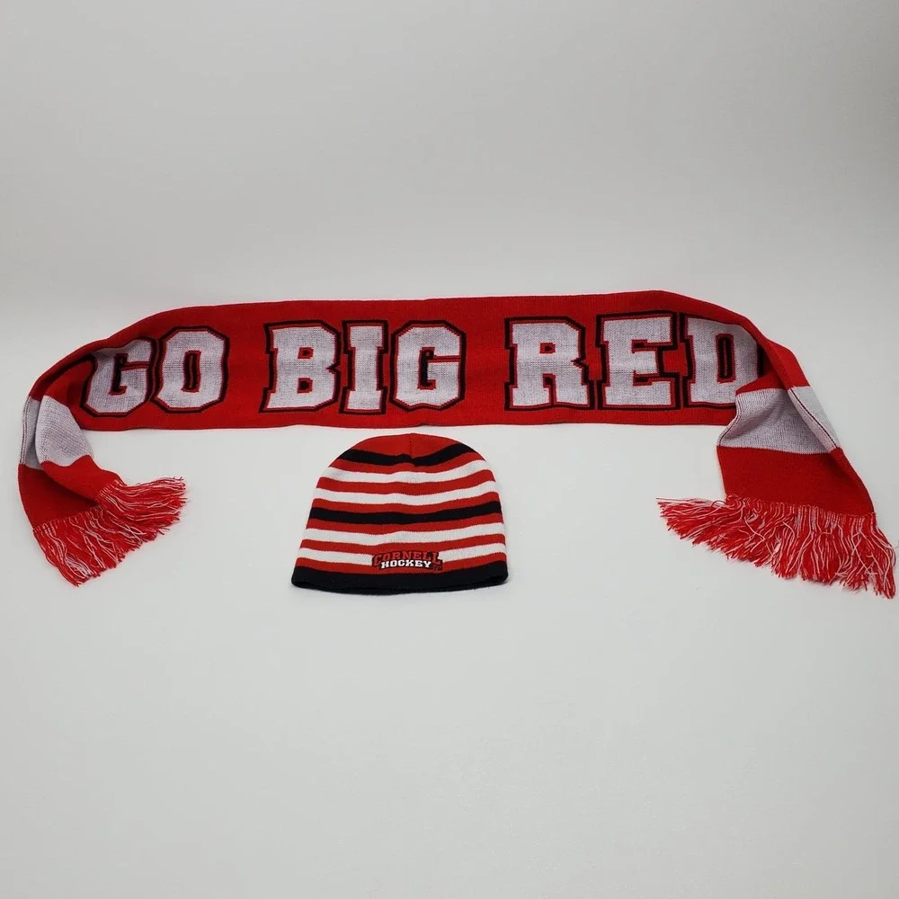 Cornell University Big Red Hockey Beanie Hat and‎ Scarf Set Red White Black Knit